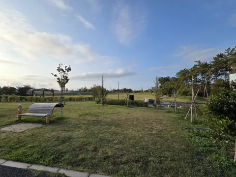 今之浦公園：芝生広場と木製ベンチ