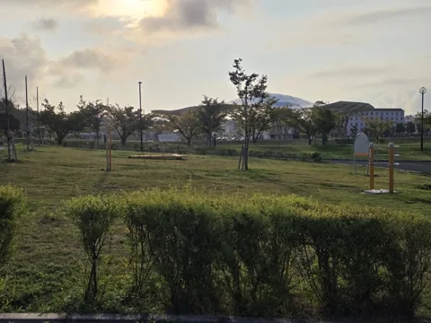 今之浦公園：植栽に囲まれた芝生広場と休憩施設
