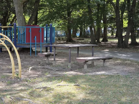 かぶと塚公園：複合遊具脇の木製テーブルとベンチ