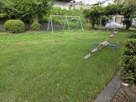 只来下公園：芝生広場とブランコ、シーソー
