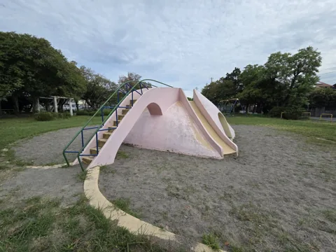 旭ヶ丘公園：築山型すべり台の階段側（手すり付き）