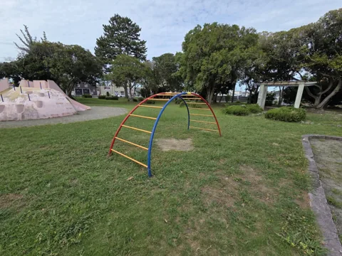 旭ヶ丘公園：アーチ型の太鼓橋（雲梯）。奥に築山遊具