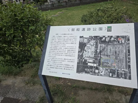 御殿遺跡公園：御殿遺跡公園の配置を示す案内板