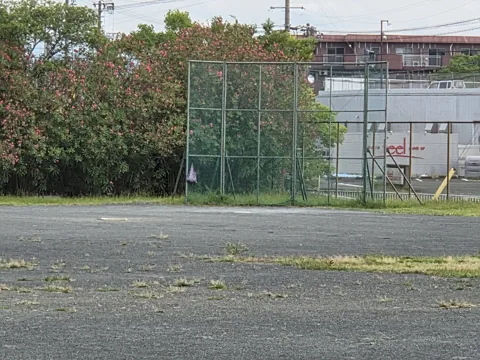 中央公園：グラウンド端のフェンス（バックネット）と周辺