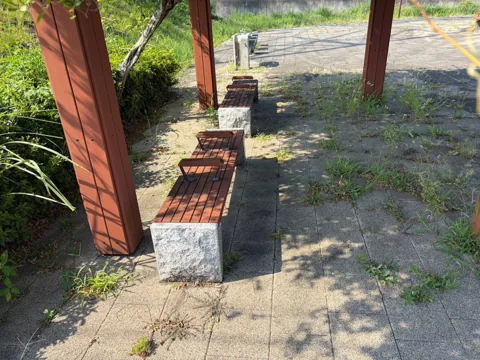 磐田ららシティ東ポケットパーク：藤棚の下に設置された木製ベンチ