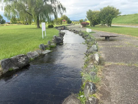 豊田池田の渡し公園：ベンチのそばを流れる園内の小川