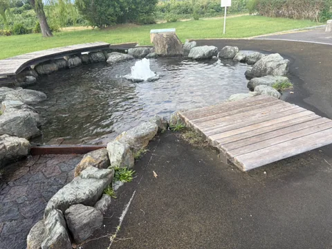 豊田池田の渡し公園：石積みと橋を配した水辺の風景