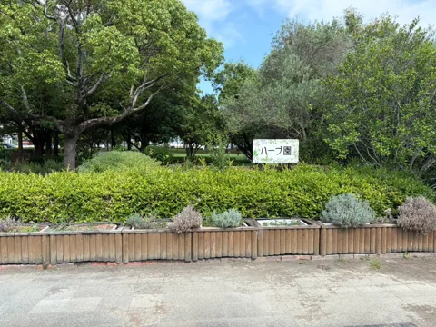 豊田香りの公園：植栽に囲まれた「ハーブ園」の案内板