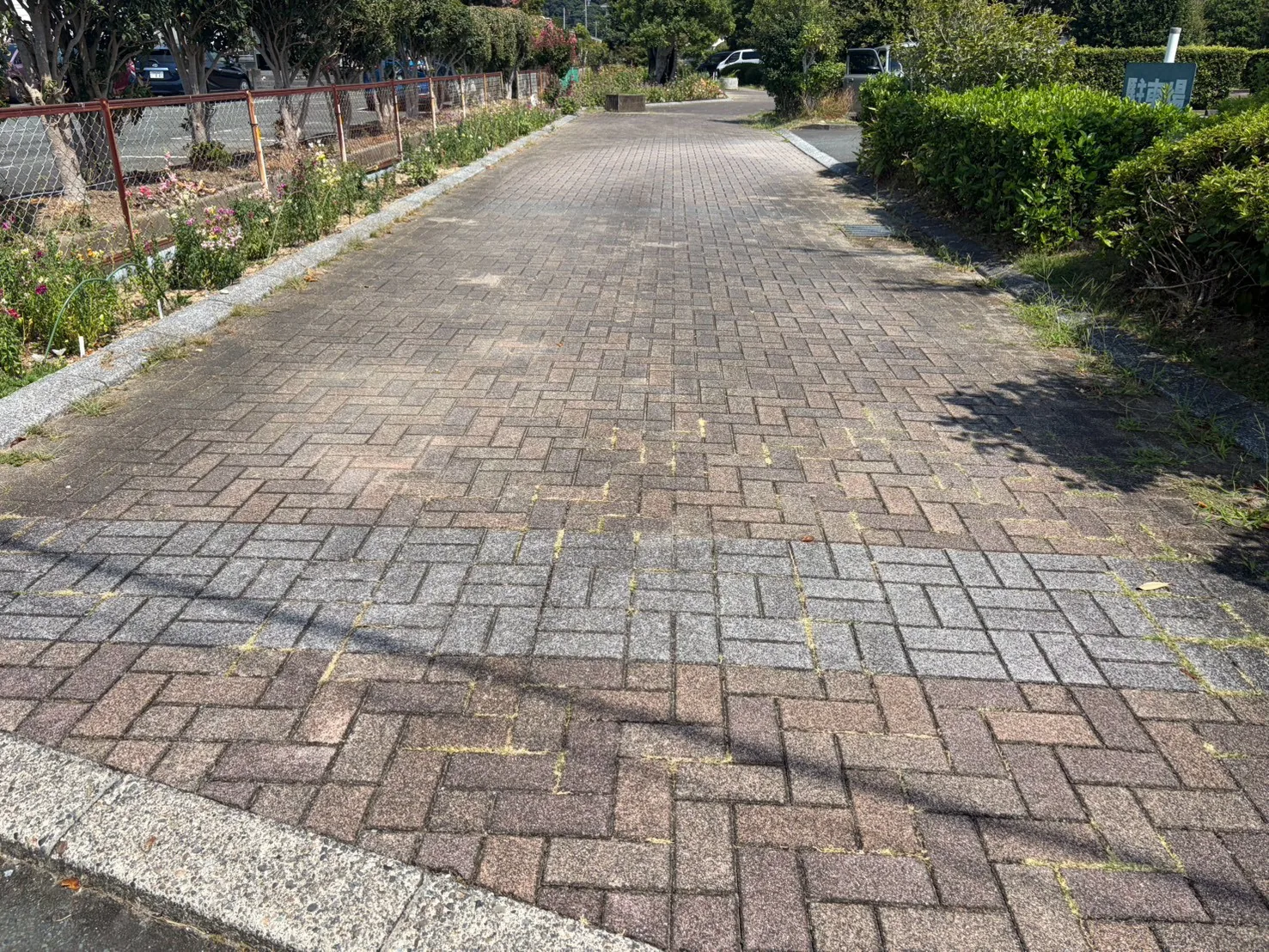 豊田加茂公園：園内を通るレンガ調舗装の園路