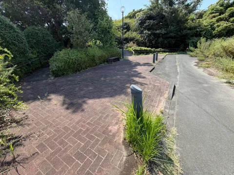 豊田高見丘公園：れんが舗装の入口と園内へ続く舗装路
