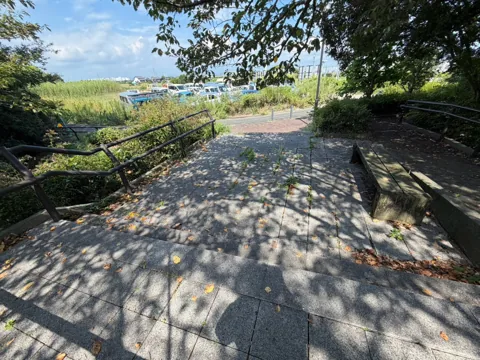 豊田高見丘公園：木陰の舗装広場と石造ベンチ