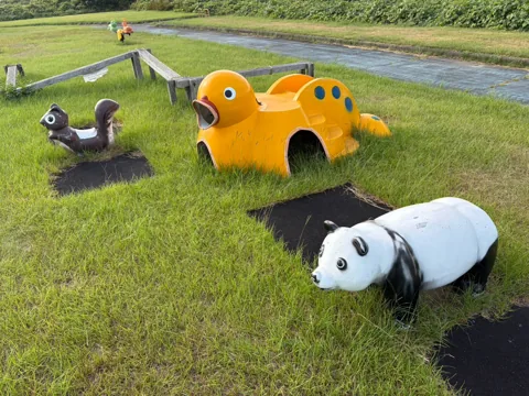 豊田天竜川わんぱく広場：動物をかたどった遊具が並ぶ天竜川わんぱく広場