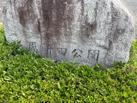 豊田原新田公園：植込みの中にある石造りの園名板「原新田公園」