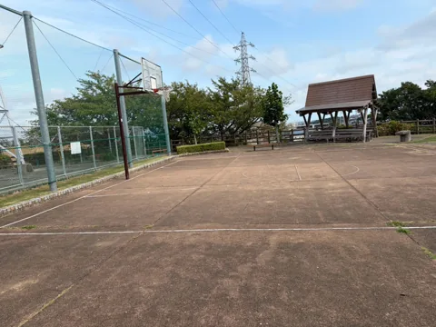 豊田原新田公園：バスケットゴールと屋根付き休憩所がある舗装広場