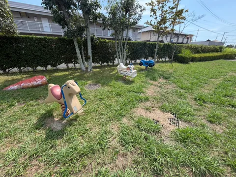豊田本郷公園：芝生に並ぶスプリング遊具