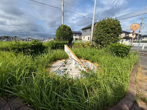 豊田森下ポケットパーク：植栽の中に設けられたモザイク仕上げの日時計