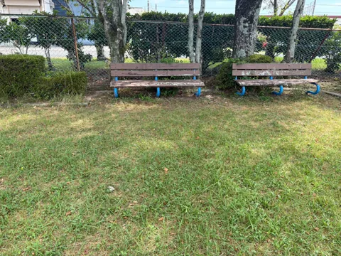 豊田森本農村公園：木陰に並ぶ2台のベンチ