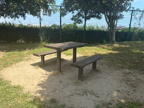 豊田ラブリバー公園：木陰に設けられた木製ピクニックテーブル
