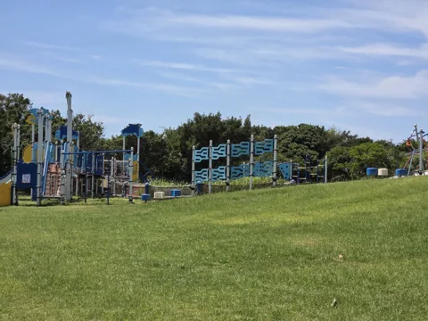 竜洋海洋公園：芝生越しに見る大型複合遊具