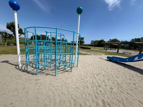 竜洋十束公園：円形に組まれた青いジャングルジム
