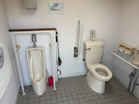 竜洋中島公園：手すりを備えた公衆トイレの内部