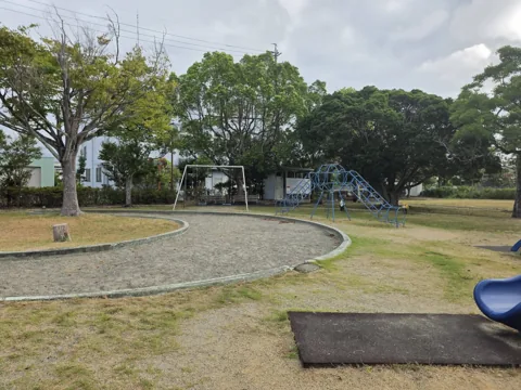 福田第1公園：芝生の園内に並ぶ複合遊具と太鼓橋型遊具